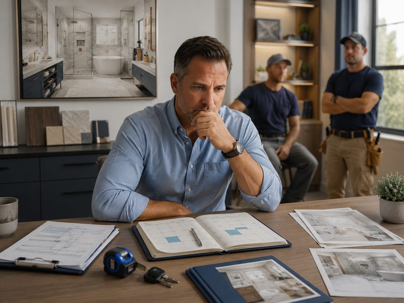 A remodeling company owner reviewing plans with his crew